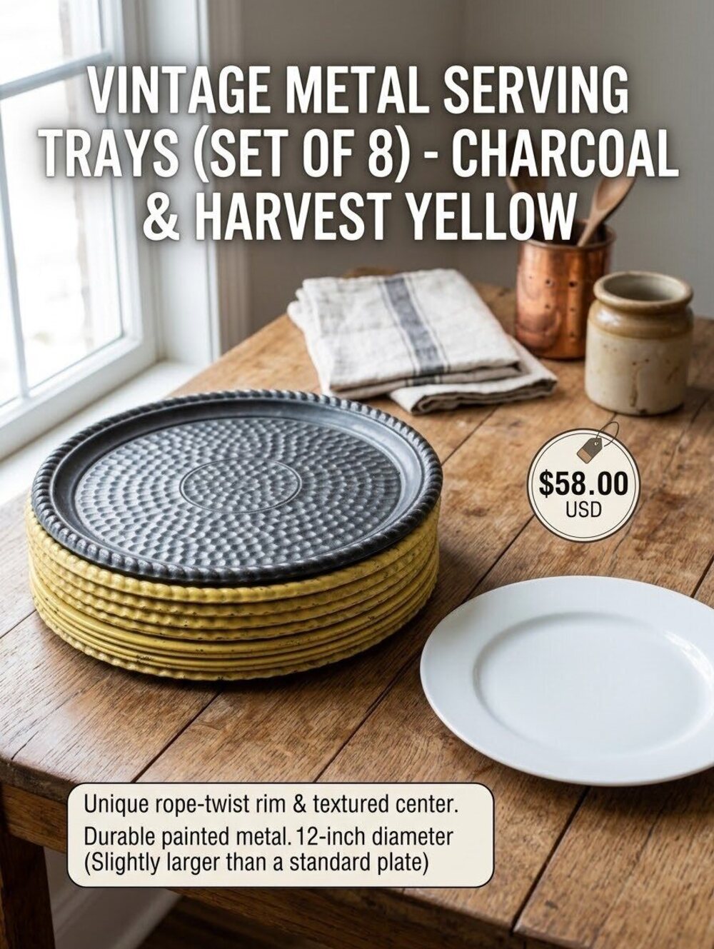 Vintage Mid-Century Metal Serving Trays Set of 8 with Rope-Twist Rim, Charcoal &